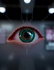 An eye overlaid with advanced technological circuits, symbolizing the convergence of technology and human perception
