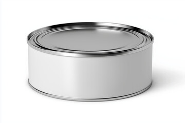 Shiny metal paint can with smooth surface and closed lid, reflecting light. cylindrical container is simple and industrial, suitable for storing liquids or paints