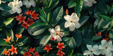 Lush greenery with white and orange flowers densely packed together, illuminated by sunlight
