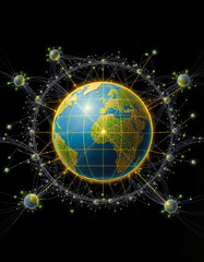 The world connected with a network of technology. Earth in the center surrounded by digital connections, representing global networks 