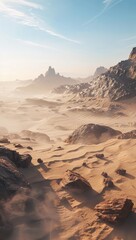 Naklejka premium A hazy desert landscape stretches to distant, hazy mountains under a pale blue sky. The foreground shows sandy dunes and scattered rocks, with sunlight casting long shadows