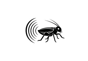 Obraz premium Black and white illustration of a cricket with sound waves emanating from it, simple design.
