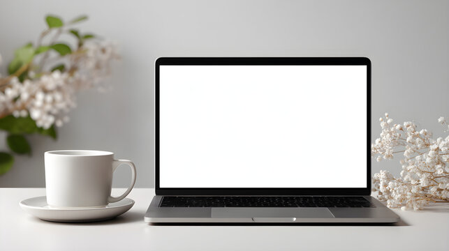 Modern home office setup with a laptop and a white coffee cup on a white desk with delicate flowers