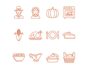 A traditional American holiday icon set for Thanksgiving. It covers harvest, turkey, vegetables, family dinners, and more.