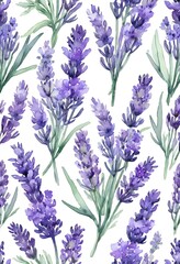 Obraz premium This watercolor art showcases lush lavender blooms in varying shades of purple, intertwined with soft green stems and leaves, inviting a peaceful atmosphere in a tranquil garden Generative AI