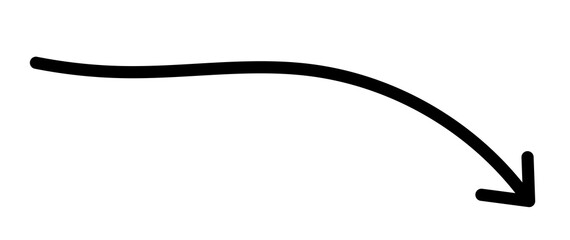 Black curved arrow pointing downward right for direction, navigation, highlight, infographic, and presentation design element