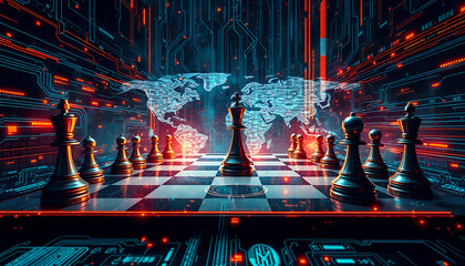 Chess pieces on a chessboard with a world map background, symbolizing strategy and global competition