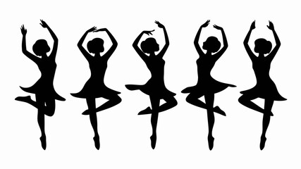 Fototapeta premium Vector silhouette of five dancing women in ballet poses scalable graphic illustration silhouette white background