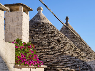 Roofs of Trulli. Alberobello Trulli. Itria Valley, Puglia, Italy, Europe. A Trullo is a limestone dwelling with conical roof built up of corbelled limestone slabs. © Susana