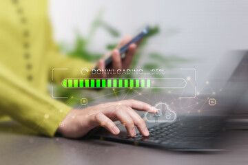 Downloading concept, network access to connect laptop devices, cloud technology, secure data transfer, business woman using phone and computer to communicate, using motion blur effect.