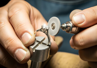 Close up of jeweler polishing a ring with micro motor tool in workshop