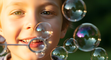 A close-up shot of a happy young boy blowing bubbles in the sunlight, enjoying a playful moment outdoors