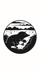 Illustration of a mole digging in the ground, set in a circle.
