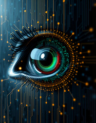 Futuristic digital eye with intricate details, representing advanced technology and surveillance. The eye glows with bright colors, surrounded by circuit board patterns