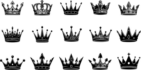 Collection of Vintage Royal Crowns. Black and White King and Queen Crown Icons Set. Heraldic Monarchy Emblems for Design.