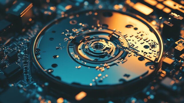 Close up of a hard drive platter with intricate details isolated on white background