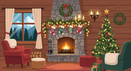 Cozy Christmas Eve Scene with Fireplace and Decorated Tree Offering a Warm Festive Atmosphere