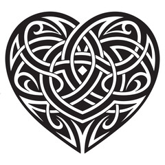 Intricate celtic heart knot design in black and white, symbolizing eternal love isolated on white background, with interwoven patterns