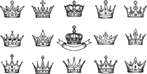 Hand-drawn vintage royal crowns collection, various styles, sketch art, perfect for design elements, king, queen, and princess themes on a white background.