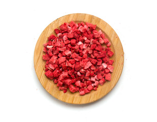 diced slices of sub-shrunk strawberries on a plate on a white background