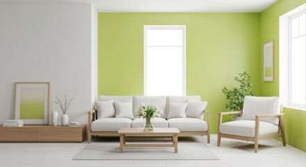 Fototapeta premium Bright living room with white sofa, armchair, and natural accents
