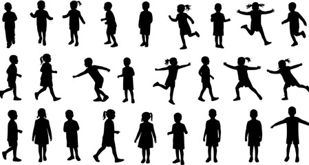 Silhouettes of Children in Various Poses, Kids Playing and Standing