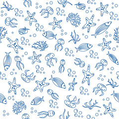 Marine life pattern in blue featuring fish, starfish, jellyfish, and seaweed, suitable for background