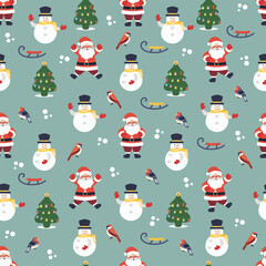 Christmas pattern with Santa Claus, snowmen, trees, and birds on green background