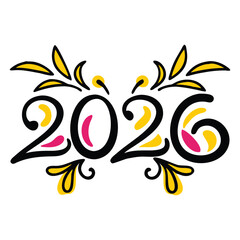 Naklejka premium Artistic hand drawn decorative flourish design celebrating the year 2026 with vibrant colors and whimsical elements for festive greetings and future concepts
