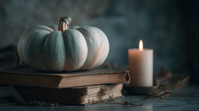 Halloween concept shows A rustic pumpkin sits atop old books beside a softly flickering candle, evoking a cozy autumn atmosphere.