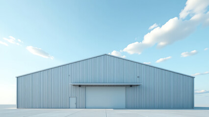 Fototapeta premium sprawling silver corrugated metal warehouse rises soft blue sky dotted wispy elongated clouds peaked roof rows