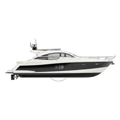Naklejka premium Sleek white and dark-grey motor yacht profile. Side view of a modern, luxurious vessel. Features a hardtop and raised seating areas. Dark grey accents along the hull
