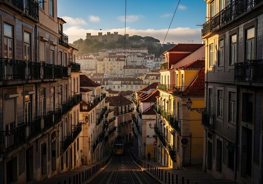 Sunlit lisbon street with tram and castelo de sao jorge view background