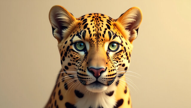 stylized digitally rendered leopard face takes center stage neutral background vibrant golden fur piercing green eyes