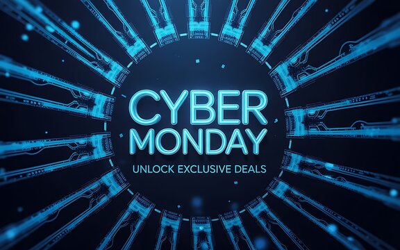 Cyber monday unlock exclusive deals text with futuristic blue digital circuit background
