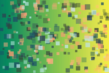 Scattered translucent squares overlay a green to yellow gradient background abstract