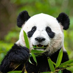 Obraz premium Cute baby panda eating bamboo leaves in green forest background