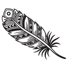 Obraz premium Detailed feather illustration with intricate tribal patterns isolated on white background, showcasing delicate design and cultural significance