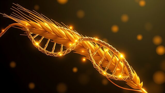 A luminous DNA helix wrapped around a golden wheat stalk with glowing carbohydrate molecules orbiting like planets.