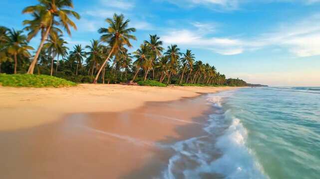 Timelapse of ocean waves gently approaching a sandy beach lined with swaying palm trees under a changing sky sun, tranquil, exotic