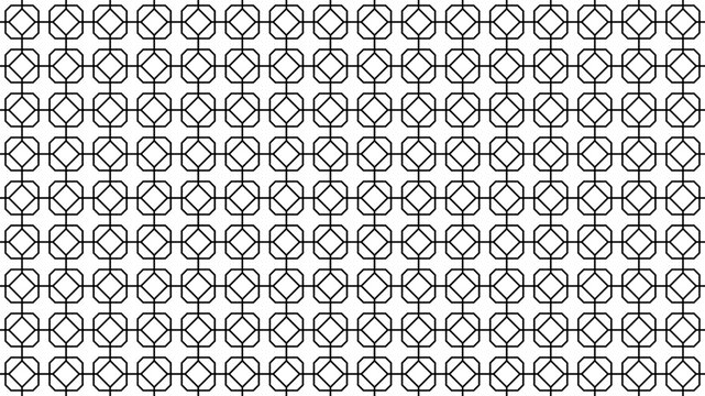 Seamless Black and White Geometric Interlocking Octagon and Diamond Pattern. Classic, precise design with a clear visual rhythm.