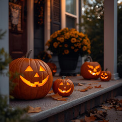 Fototapeta premium Halloween pumpkin jack o lantern with carved face and autumn decoration
