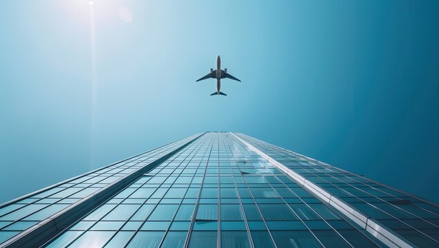 Low-angle view of a skyscraper with a plane flying overhead against a clear blue sky