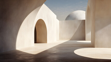 Minimalist architectural courtyard with arched doorways and dome, bathed in soft sunlight and shadow.