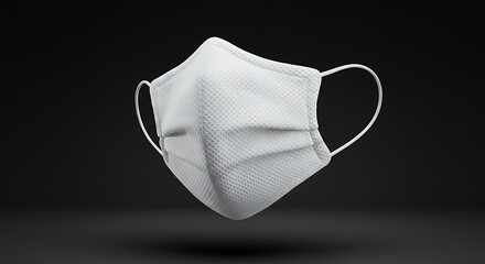 A 3D rendered close-up of a white textured disposable face mask with ear loops, isolated on a dark background, showcasing its protective design