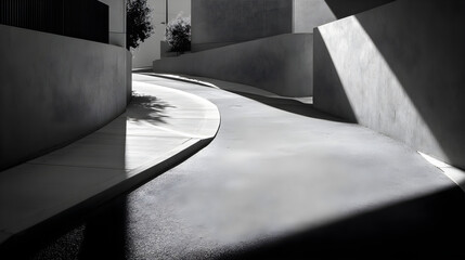 Dramatic shadows cast across curved concrete walls and pathway in stark black and white