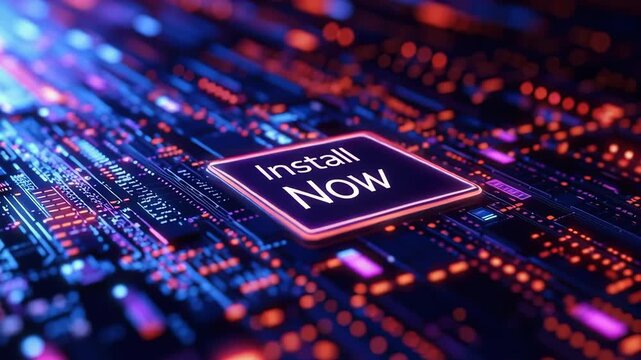 Futuristic Digital Circuit Technology with Glowing Neon Elements and Prominent Install Button for Innovative Experience