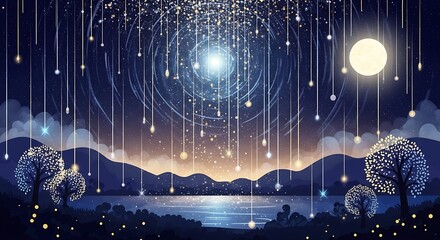 Nighttime Landscape with Glowing Lights and Full Moon.