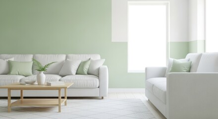 Living room interior with white sofas, pillows, plants and carpet