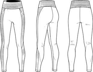 High-Waisted Side Panel Leggings Fashion Flat CAD Drawing Vector Illustration for Activewear Tech Pack and Technical Specification.